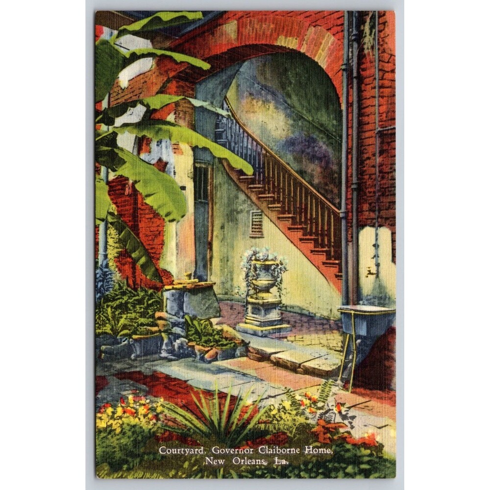 Postcard Louisiana New Orleans Governor Claiborne Home Courtyard Linen c1940s LA